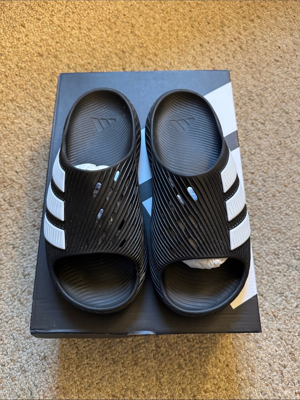 Adidas Men's Black Purechill Slides with White Stripes